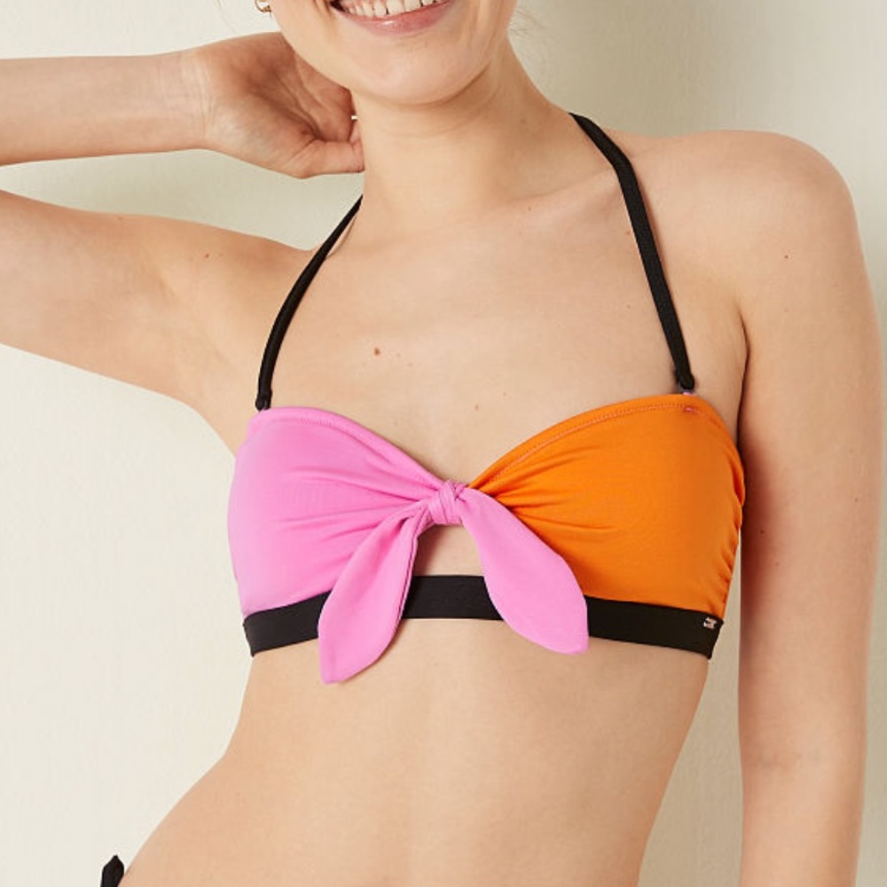 VS PINK colorblock pink orange twist bandeau open bikini top XL